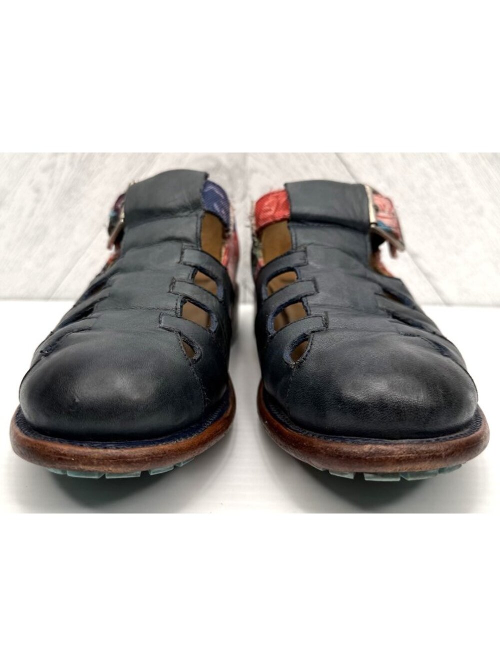 John Fluevog Philippa Floral Womens 7 Blue Leather Fisherman Sandal Mary Jane - Picture 2 of 16